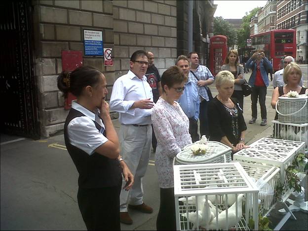 Release of doves on National Mesothelioma Action Day The release of doves outside St Bartholomew’s Hospital on 1st July this year, National Mesothelioma Action Day